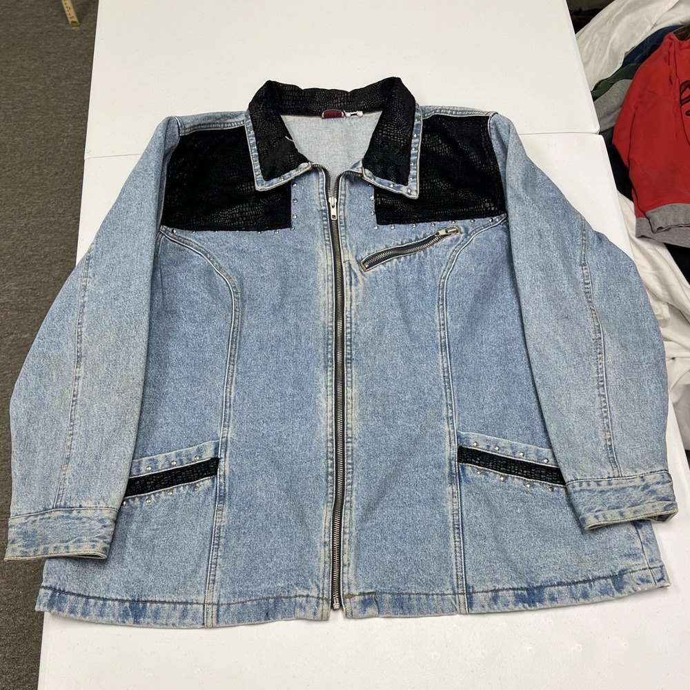 Zana Di Denim Jacket Womens XL Blue Good Studded Faux Snakeskin Vintage 90s Zip